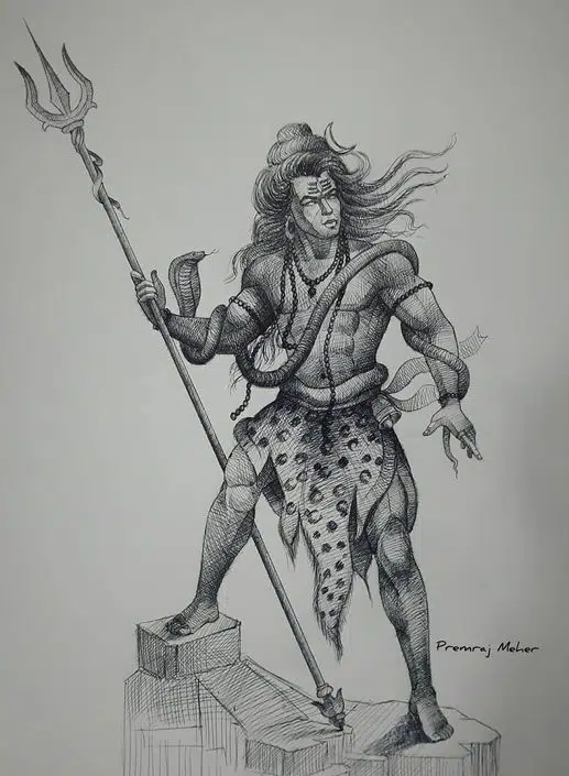 Angry Mahakal with Trishul and Snake Sketch Drawing Image