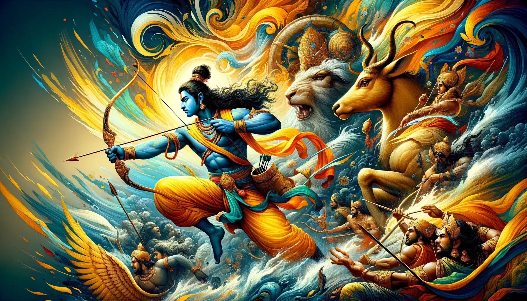 Lord Rama, showcasing his heroism and dedication to righteousness. Utilize a color palette that-By Your Astrology Guru